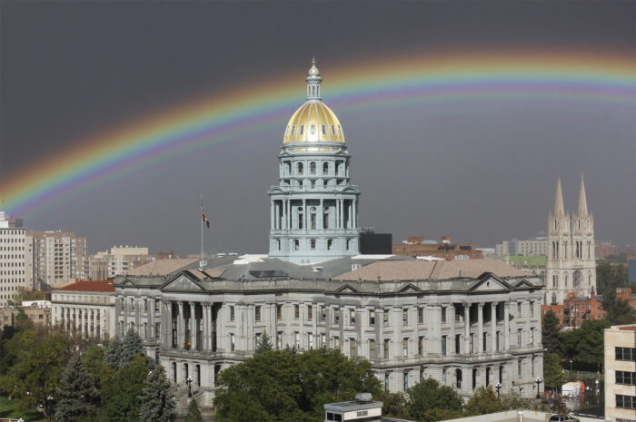 Colordo state capitol with a rainbow